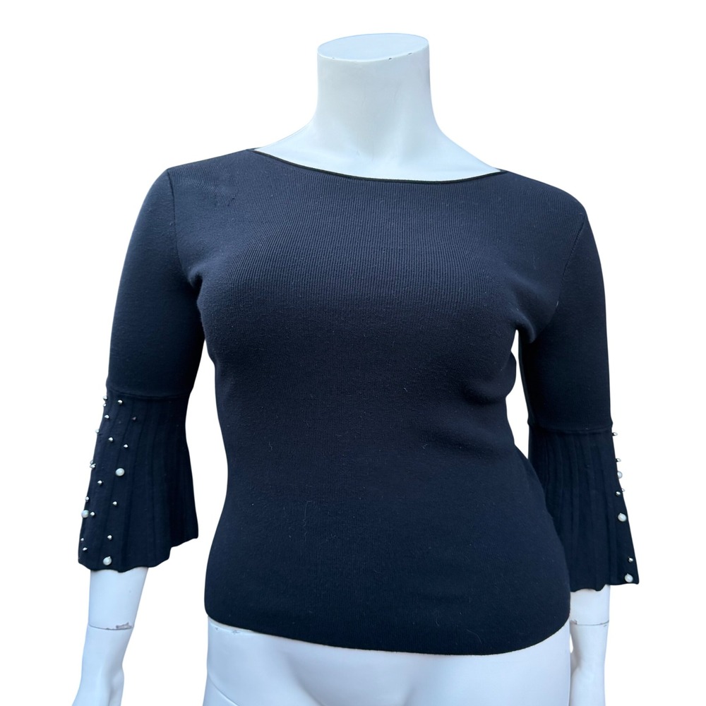 Marina V Black Bell‎ Sleeve Top Studded Pleated Knit Boat Neck Whimsigoth Medium